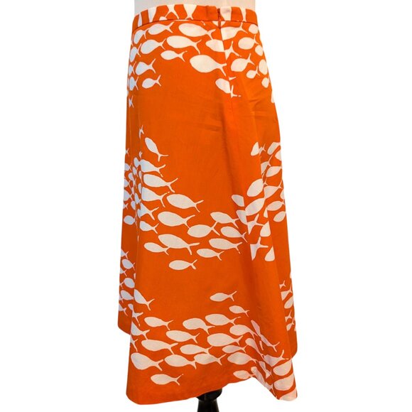 J Crew Womens Sz 2 Orange White Allover School Of Fish 100% Cotton A-Line Skirt - Picture 2 of 7